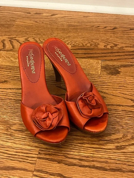 Yves Saint Laurent Orange Leather Slide with Floral Rosette - Picture 1 of 10